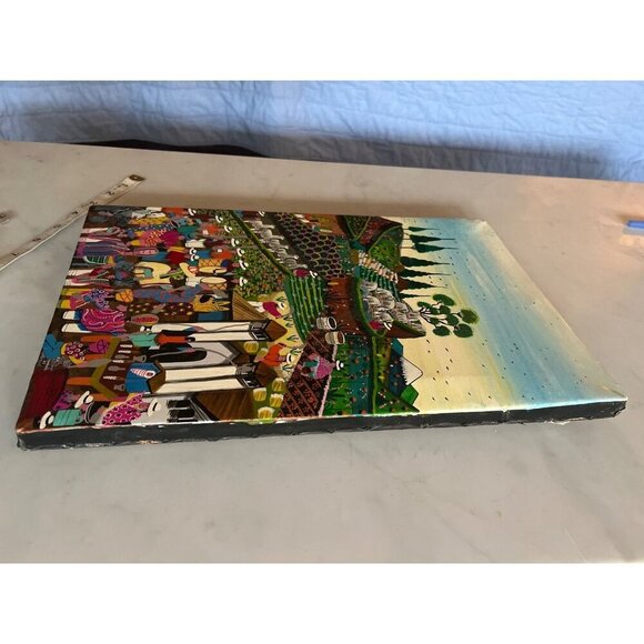 Vintage Alberto Vega Peruvian Folk Art Animal Hide Painting Bright Mid Century - Picture 10 of 11